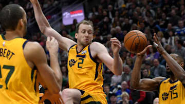 SALT LAKE CITY, UT - FEBRUARY 14: Joe Ingles #2 of the Utah Jazz loses control, of the ball during the first half of a game against the Phoenix Suns at Vivint Smart Home Arena on February 14, 2018 in Salt Lake City, Utah. (Photo by Gene Sweeney Jr./Getty Images)