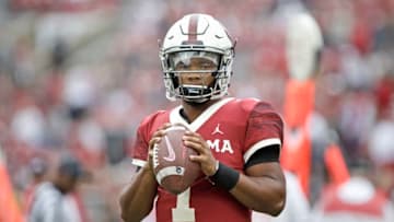NORMAN, OK - SEPTEMBER 29: Quarterback Kyler Murray #1 of the Oklahoma Sooners warms up before the game against the Baylor Bears at Gaylord Family Oklahoma Memorial Stadium on September 29, 2018 in Norman, Oklahoma. Oklahoma defeated Baylor 66-33. (Photo by Brett Deering/Getty Images)