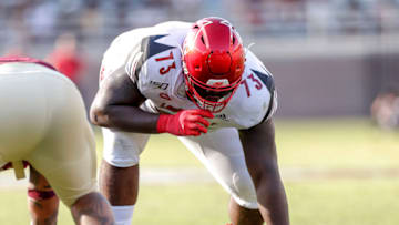 TALLAHASSEE, FL - SEPTEMBER 21: Tackle Mekhi Becton #73 of the Louisville Cardinals during the game against the Florida State Seminoles at Doak Campbell Stadium on Bobby Bowden Field on September 21, 2019 in Tallahassee, Florida. The Seminoles defeated the Cardinals 35 to 24. (Photo by Don Juan Moore/Getty Images)