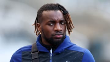 NEWCASTLE UPON TYNE, ENGLAND - MAY 16: Allan Saint-Maximin of Newcastle United arrives at the stadium prior to the Premier League match between Newcastle United and Arsenal at St. James Park on May 16, 2022 in Newcastle upon Tyne, England. (Photo by Ian MacNicol/Getty Images)