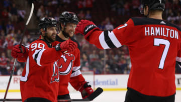 New Jersey Devils left wing Tomas Tatar (90) celebrates his goal during the second period of their game against the New York Rangers at Prudential Center. Mandatory Credit: Ed Mulholland-USA TODAY Sports
