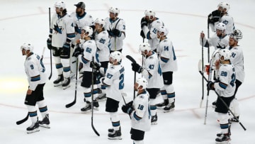 ST LOUIS, MISSOURI - MAY 21: The San Jose Sharks react after being defeated by the St. Louis Blues in Game Six with a score of 5 to 1 in the Western Conference Finals during the 2019 NHL Stanley Cup Playoffs at Enterprise Center on May 21, 2019 in St Louis, Missouri. (Photo by Dilip Vishwanat/Getty Images)
