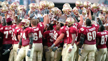 26 Aug 2000: The Florida State Seminoles cheer on the field during the Pigskin Classic Game against the BYU Cougars at the Alltel Stadium in Jacksonville, Florida. The Seminoles defeated the Cougars 23-3.Mandatory Credit: Craig Jones /Allsport
