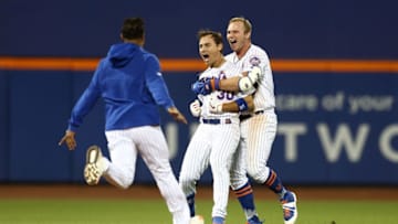 NEW YORK, NEW YORK - AUGUST 09: Michael Conforto #30 of the New York Mets celebrates with Pete Alonso #20 after hitting a walk-off single in the bottom of the ninth inning against the Washington Nationals at Citi Field on August 09, 2019 in New York City. (Photo by Mike Stobe/Getty Images)
