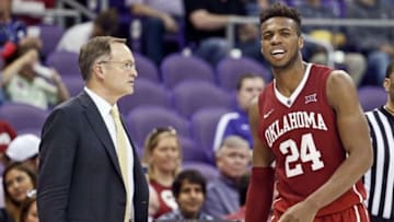 Mar 5, 2016; Fort Worth, TX, USA; Oklahoma Sooners guard Buddy Hield (24) speaks with head coach Lon Kruger during the second half against the TCU Horned Frogs at Ed and Rae Schollmaier Arena. Mandatory Credit: Kevin Jairaj-USA TODAY Sports