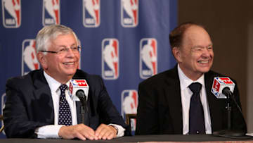 NEW YORK, NY - OCTOBER 25: Glen Taylor (R), owner of the Minnesota Timberwolves, speaks to the media following the NBA Board of Governors Meeting, during which Commissioner David Stern (L) outlined his plans to step down in February 2014, at the St. Regis hotel on October 25, 2012 in New York City. NOTE TO USER: User expressly acknowledges and agrees that, by downloading and/or using this Photograph, user is consenting to the terms and conditions of the Getty Images License Agreement. (Photo by Alex Trautwig/Getty Images)
