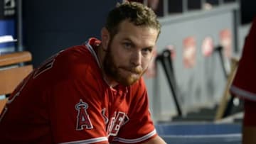 Aug 4, 2014; Los Angeles, CA, USA; Los Angeles Angels left fielder Josh Hamilton (32) in the dugout in the seventh inning of the game against the Los Angeles Dodgers at Dodger Stadium. Mandatory Credit: Jayne Kamin-Oncea-USA TODAY Sportss