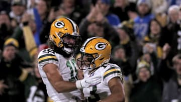 GREEN BAY, WISCONSIN - OCTOBER 14: Jake Kumerow #16 and Allen Lazard #13 of the Green Bay Packers celebrate after Lazard scored a touchdown in the fourth quarter against the Detroit Lions at Lambeau Field on October 14, 2019 in Green Bay, Wisconsin. (Photo by Dylan Buell/Getty Images)