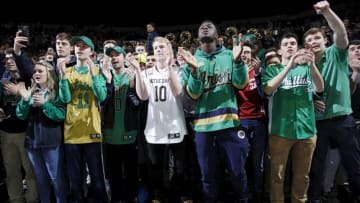 SOUTH BEND, IN - JANUARY 28: Notre Dame Fighting Irish fans cheer as the team takes the floor before the game against the Duke Blue Devils at Purcell Pavilion on January 28, 2019 in South Bend, Indiana. (Photo by Joe Robbins/Getty Images)