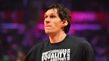 LOS ANGELES, CA - FEBRUARY 03: Los Angeles Clippers Center Boban Marjanovic looks on wearing a Black History Month t-shirt before an NBA game between the Chicago Bulls and the Los Angeles Clippers on February 3, 2018 at STAPLES Center in Los Angeles, CA. (Photo by Brian Rothmuller/Icon Sportswire via Getty Images)