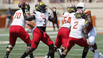 AUSTIN, TX - SEPTEMBER 02: Tyrrell Pigrome #3 of the Maryland Terrapins throws a pass in the third quarter as Gerald Wilbon #94 of the Texas Longhorns applies pressure at Darrell K Royal-Texas Memorial Stadium on September 2, 2017 in Austin, Texas. (Photo by Tim Warner/Getty Images)