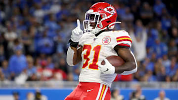 Darrel Williams #31 of the Kansas City Chiefs celebrates after scoring a 1 yard touchdown against the Detroit Lions during the fourth quarter in the game at Ford Field on September 29, 2019 in Detroit, Michigan. (Photo by Gregory Shamus/Getty Images)