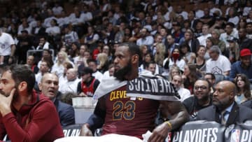 TORONTO, CANADA - MAY 3: LeBron James #23 of the Cleveland Cavaliers looks on in Game Two of the Eastern Conference Semifinals against the Toronto Raptors during the 2018 NBA Playoffs on May 3, 2018 at the Air Canada Centre in Toronto, Ontario, Canada. NOTE TO USER: User expressly acknowledges and agrees that, by downloading and/or using this photograph, user is consenting to the terms and conditions of the Getty Images License Agreement. Mandatory Copyright Notice: Copyright 2018 NBAE (Photo by Mark Blinch/NBAE via Getty Images)