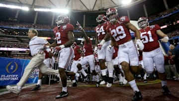 ATLANTA, GA - DECEMBER 31: Head Coach Nick Saban and the Alabama Crimson Tide team take the field during the 2016 Chick-fil-A Peach Bowl at the Georgia Dome on December 31, 2016 in Atlanta, Georgia. (Photo by Streeter Lecka/Getty Images)
