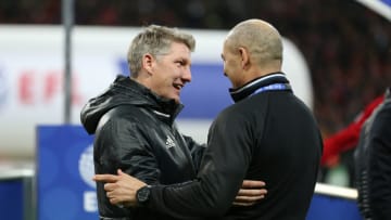 February 26th 2017, Wembley Stadium, London, England; EFL League Cup final, Southampton v Manchester United; Bastian Schweinsteiger of Manchester United talking to one of the back room staff during the player celebration with the EFL League Cup Trophy (Photo by John Patrick Fletcher/Action Plus via Getty Images)