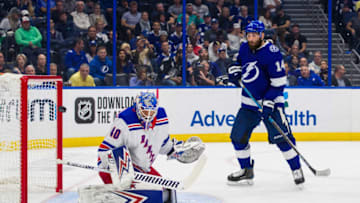 TAMPA, FL - NOVEMBER 14: Pat Maroon #14 of the Tampa Bay Lightning looks for a rebound against goalie Alexandar Georgiev #40 of the New York Rangers during the third period at Amalie Arena on November 14, 2019 in Tampa, Florida. (Photo by Scott Audette /NHLI via Getty Images)