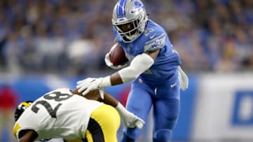 DETROIT, MI - OCTOBER 29: Strong safety Sean Davis #28 of the Pittsburgh Steelers tackles running back Theo Riddick #25 of the Detroit Lions during the first half at Ford Field on October 29, 2017 in Detroit, Michigan. (Photo by Gregory Shamus/Getty Images)