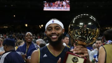 NEW ORLEANS, LA - FEBRUARY 17: Brandon Armstrong #0 of the East team holds the MVP trophy during the 2017 NBA All-Star Celebrity Game as part of 2017 All-Star Weekend at the Mercedes-Benz Super Dome on February 17, 2017 in New Orleans, Louisiana. NOTE TO USER: User expressly acknowledges and agrees that, by downloading and/or using this photograph, user is consenting to the terms and conditions of the Getty Images License Agreement. Mandatory Copyright Notice: Copyright 2017 NBAE (Photo by Layne Murdoch/NBAE via Getty Images)