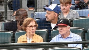 Sep 17, 2015; Atlanta, GA, USA; Former USA president Jimmy Carter and his wife Rosalynn Carter watch the game between the Atlanta Braves and the Toronto Blue Jays during the first inning at Turner Field. Mandatory Credit: Dale Zanine-USA TODAY Sports