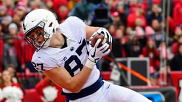 PISCATAWAY, NJ - NOVEMBER 17: Pat Freiermuth #87 of the Penn State Nittany Lions scores a touchdown against the Rutgers Scarlet Knights during the second quarter at HighPoint.com Stadium on November 17, 2018 in Piscataway, New Jersey. (Photo by Corey Perrine/Getty Images)