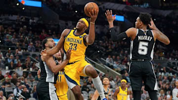 Mar 2, 2020; San Antonio, Texas, USA; Indiana Pacers center Myles Turner (33) shoots over San Antonio Spurs center Trey Lyles (41) in the second half at the AT&T Center. Mandatory Credit: Daniel Dunn-USA TODAY Sports
