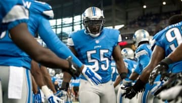 Aug 22, 2014; Detroit, MI, USA; Detroit Lions linebacker Stephen Tulloch (55) is announced before the game against the Jacksonville Jaguars at Ford Field. Mandatory Credit: Tim Fuller-USA TODAY Sports