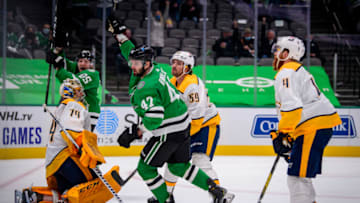 Dallas Stars right wing Alexander Radulov (47) celebrates scoring a goal against Nashville Predators goaltender Juuse Saros (74) as defenseman Ryan Ellis (4) and defenseman Roman Josi (59) look on during the second period at the American Airlines Center. Mandatory Credit: Jerome Miron-USA TODAY Sports