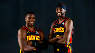 Sep 23, 2022; Atlanta, GA, USA; Atlanta Hawks guard Aaron Holiday (3) and forward Justin Holiday (8) pose for a photo at Hawks Media Day. Mandatory Credit: Brett Davis-USA TODAY Sports