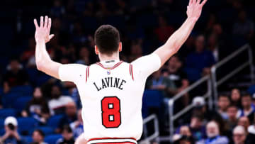ORLANDO, FLORIDA - FEBRUARY 22: Zach LaVine #8 of the Chicago Bulls reacts against the Orlando Magic in the first quarter at Amway Center on February 22, 2019 in Orlando, Florida. NOTE TO USER: User expressly acknowledges and agrees that, by downloading and or using this photograph, User is consenting to the terms and conditions of the Getty Images License Agreement. (Photo by Harry Aaron/Getty Images)