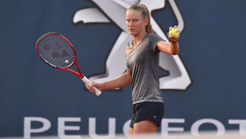 PALERMO, ITALY - AUGUST 08: Fiona Ferro of France prepares to serv to Camila Giorgi of Italy during 31st Palermo Ladies Open Semi Finals on August 08, 2020 in Palermo, Italy. (Photo by Tullio M. Puglia/Getty Images)