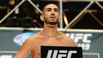 Jul 10, 2015; Las Vegas, NV, USA; Luis Smolka weighs in for his bout against Neil Seery (not pictured) during weigh-ins for UFC 189 at MGM Grand Garden Arena. Mandatory Credit: Joe Camporeale-USA TODAY Sports