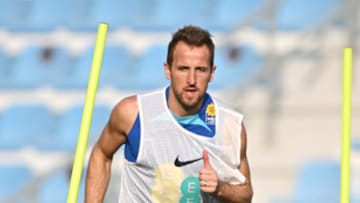 Harry Kane takes part in a training session at the Al Wakrah SC Stadium in Al Wakrah, south of Doha, on December 7, 2022, during the Qatar 2022 World Cup football tournament. (Photo by PAUL ELLIS/AFP via Getty Images)