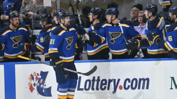 ST. LOUIS, MO - DECEMBER 01: St. Louis Blues center Patrik Berglund (21) is congratulated after a goal in the second period during a NHL game between the Los Angeles Kings and the St. Louis Blues on December 01, 2017, at Scottrade Center, St. Louis, MO. The Kings beat the Blues, 4-1. (Photo by Keith Gillett/Icon Sportswire via Getty Images)
