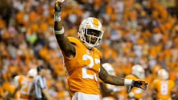 Sep 1, 2016; Knoxville, TN, USA; Tennessee Volunteers defensive back Cameron Sutton (23) motions to the crowd during the second half against the Appalachian State Mountaineers at Neyland Stadium. Tennessee won in overtime 20-13. Mandatory Credit: Randy Sartin-USA TODAY Sports