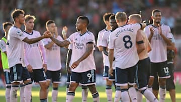 Arsenal's Brazilian striker Gabriel Jesus (C) and Arsenal's Norwegian midfielder Martin Odegaard (3rd R) celebrate with teammates after winning at the end of the English Premier League football match between Bournemouth and Arsenal at the Vitality Stadium in Bournemouth, southern England on August 20, 2022. - Arsenal won 3 - 0 against Bournemouth. - RESTRICTED TO EDITORIAL USE. No use with unauthorized audio, video, data, fixture lists, club/league logos or 'live' services. Online in-match use limited to 120 images. An additional 40 images may be used in extra time. No video emulation. Social media in-match use limited to 120 images. An additional 40 images may be used in extra time. No use in betting publications, games or single club/league/player publications. (Photo by Glyn KIRK / AFP) / RESTRICTED TO EDITORIAL USE. No use with unauthorized audio, video, data, fixture lists, club/league logos or 'live' services. Online in-match use limited to 120 images. An additional 40 images may be used in extra time. No video emulation. Social media in-match use limited to 120 images. An additional 40 images may be used in extra time. No use in betting publications, games or single club/league/player publications. / RESTRICTED TO EDITORIAL USE. No use with unauthorized audio, video, data, fixture lists, club/league logos or 'live' services. Online in-match use limited to 120 images. An additional 40 images may be used in extra time. No video emulation. Social media in-match use limited to 120 images. An additional 40 images may be used in extra time. No use in betting publications, games or single club/league/player publications. (Photo by GLYN KIRK/AFP via Getty Images)