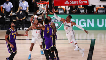 LAKE BUENA VISTA, FLORIDA - SEPTEMBER 04: Russell Westbrook #0 of the Houston Rockets goes for the rebound against the Los Angeles Lakers during the first quarter in Game One of the Western Conference Second Round during the 2020 NBA Playoffs at AdventHealth Arena at the ESPN Wide World Of Sports Complex on September 04, 2020 in Lake Buena Vista, Florida. NOTE TO USER: User expressly acknowledges and agrees that, by downloading and or using this photograph, User is consenting to the terms and conditions of the Getty Images License Agreement. (Photo by Mike Ehrmann/Getty Images)
