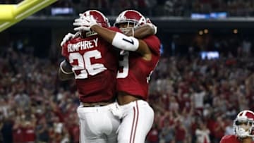 Sep 3, 2016; Arlington, TX, USA; Alabama Crimson Tide defensive back Marlon Humphrey (26) celebrates with teammates after intercepting a ball for a touchdown during the first half against the USC Trojans at AT&T Stadium. Mandatory Credit: Tim Heitman-USA TODAY Sports
