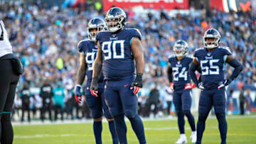 NASHVILLE, TN - NOVEMBER 24: DaQuan Jones #90 of the Tennessee Titans at the line of scrimmage during the first half of a game against the Jacksonville Jaguars at Nissan Stadium on November 24, 2019 in Nashville, Tennessee. The Titans defeated the Jaguars 42-20. (Photo by Wesley Hitt/Getty Images)