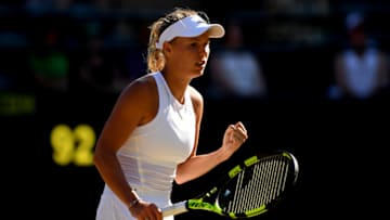 LONDON, ENGLAND - JULY 08: Caroline Wozniacki of Denmark celebrates during the Ladies Singles third round match against Anett Kontaveit of Estonia on day six of the Wimbledon Lawn Tennis Championships at the All England Lawn Tennis and Croquet Club on July 8, 2017 in London, England. (Photo by Shaun Botterill/Getty Images)