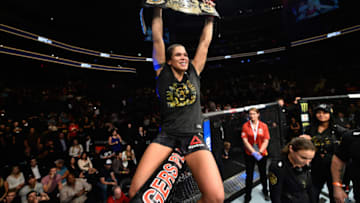 EDMONTON, AB - SEPTEMBER 09: Amanda Nunes of Brazil celebrates her victory over Valentina Shevchenko of Kyrgyzstan in their women's bantamweight bout during the UFC 215 event inside the Rogers Place on September 9, 2017 in Edmonton, Alberta, Canada. (Photo by Jeff Bottari/Zuffa LLC/Zuffa LLC via Getty Images)
