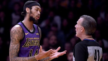 LOS ANGELES, CALIFORNIA - JANUARY 04: Brandon Ingram #14 of the Los Angeles Lakers argues an out of bounds call with referee Ken Mauer #41 during a 119-112 New York Knicks win at Staples Center on January 04, 2019 in Los Angeles, California. NOTE TO USER: User expressly acknowledges and agrees that, by downloading and or using this photograph, User is consenting to the terms and conditions of the Getty Images License Agreement. (Photo by Harry How/Getty Images)