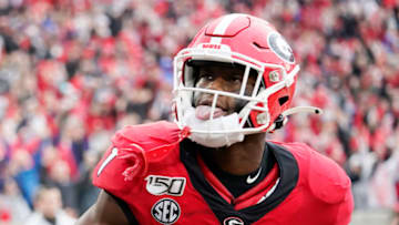 ATHENS, GA - NOVEMBER 23: George Pickens #1 of the Georgia Bulldogs celebrates after a touchdown catch during a game between Texas A&M and the Georgia Bulldogs. (Photo by Steve Limentani/ISI Photos/Getty Images)