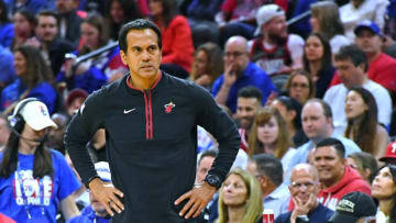 Apr 6, 2023; Philadelphia, Pennsylvania, USA; Miami Heat head coach Erik Spoelstra against the Philadelphia 76ers during the second quarter at Wells Fargo Center. Mandatory Credit: Eric Hartline-USA TODAY Sports