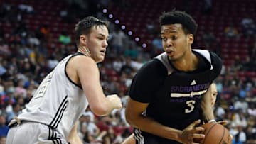 LAS VEGAS, NV - JULY 12: Stephen Zimmerman #36 of the Milwaukee Bucks guards Skal Labissiere #3 the Sacramento Kings during the 2017 Summer League at the Thomas & Mack Center on July 12, 2017 in Las Vegas, Nevada. Sacramento won 69-65. NOTE TO USER: User expressly acknowledges and agrees that, by downloading and or using this photograph, User is consenting to the terms and conditions of the Getty Images License Agreement. (Photo by Ethan Miller/Getty Images)