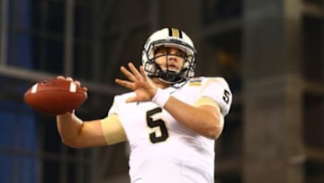 Jan 1, 2014; Glendale, AZ, USA; Central Florida Knights quarterback Blake Bortles warms up prior to the game against the Baylor Bears during the Fiesta Bowl at University of Phoenix Stadium. Central Florida defeated Baylor 52-42. Mandatory Credit: Mark J. Rebilas-USA TODAY Sports
