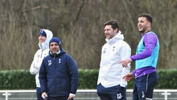 ENFIELD, ENGLAND - FEBRUARY 10: Mauricio Pochettino, manager of Tottenham Hotspur smiles with Kyle Walker (R) during a training session at the club's training ground on February 10, 2016 in Enfield, England. (Photo by Tottenham Hotspur FC via Getty Images)