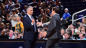 PHOENIX, AZ - APRIL 3 : Head Coach Igor Kokoskov of the Phoenix Suns and Head Coach Quin Snyder of the Utah Jazz shake hands after the game on April 3, 2019 at Talking Stick Resort Arena in Phoenix, Arizona. Copyright 2019 NBAE (Photo by Michael Gonzales/NBAE via Getty Images)
