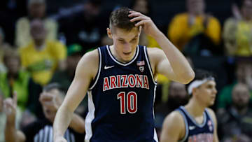 EUGENE, OREGON - JANUARY 14: Azuolas Tubelis #10 of the Arizona Wildcats reacts during the second half against the Oregon Ducks at Matthew Knight Arena on January 14, 2023 in Eugene, Oregon. (Photo by Soobum Im/Getty Images)