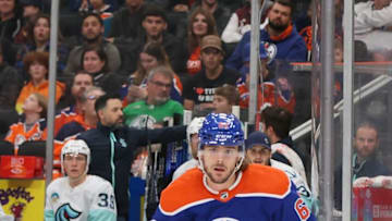 EDMONTON, CANADA - OCTOBER 6: Raphael Lavoie #62 of the Edmonton Oilers pursue the puck in the third period against the Seattle Kraken on October 6, 2023 at Rogers Place in Edmonton, Alberta, Canada. (Photo by Lawrence Scott/Getty Images)