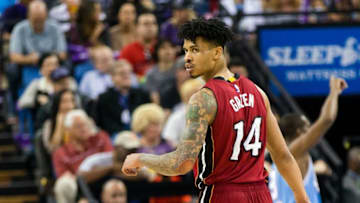 Apr 1, 2016; Sacramento, CA, USA; Miami Heat forward Gerald Green (14) reacts during the game against the Sacramento Kings in the third quarter at Sleep Train Arena. Miami won 112-106. Mandatory Credit: John Hefti-USA TODAY Sports